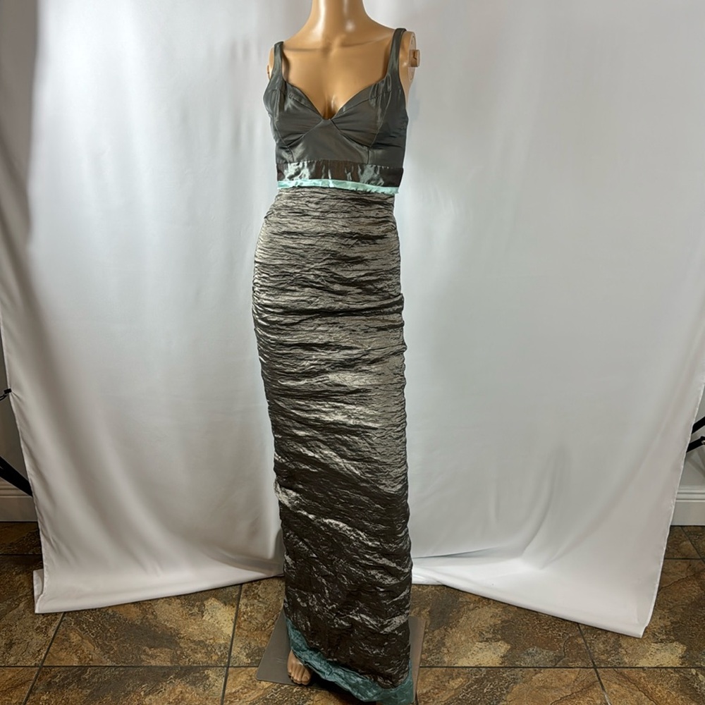 Nicole Miller Mermaid Dress in Metallic Light Brown and Teal Green, Size 0